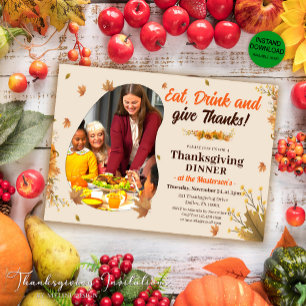 Rustic Fall Leaves Family Photo Thanksgiving Invitation