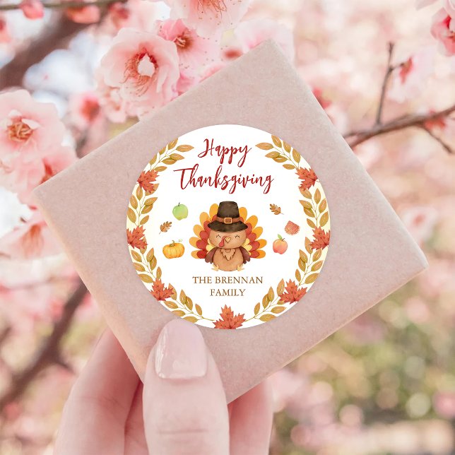 Rustic Fall Leaves Gobble Thanksgiving Classic Round Sticker (Creator Uploaded)