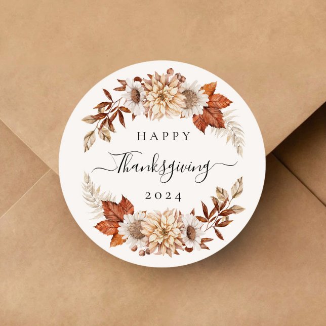 Rustic Fall Leaves Happy Thanksgiving  Classic Round Sticker (Rustic Fall Leaves Happy Thanksgiving Classic Round Sticker)