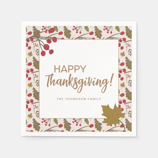 Rustic Fall Leaves Happy Thanksgiving Custom Napkin (Front)