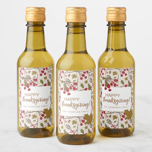 Rustic Fall Leaves Happy Thanksgiving Custom Wine Label (Bottles)