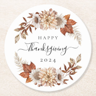 Rustic Fall Leaves Happy Thanksgiving  Round Paper Coaster