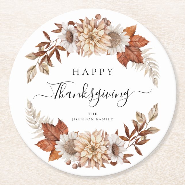 Rustic Fall Leaves Happy Thanksgiving Round Paper Coaster (Front)