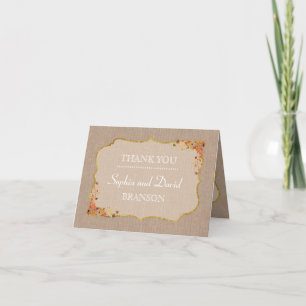 Rustic Fall Leaves Linen Canvas THANK YOU Card
