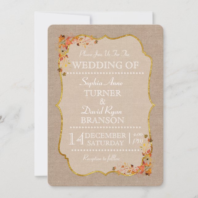 Rustic Fall Leaves Linen Canvas Wedding Invitation (Front)