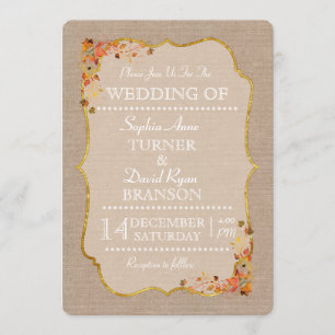 Rustic Fall Leaves Linen Canvas Wedding Invitation
