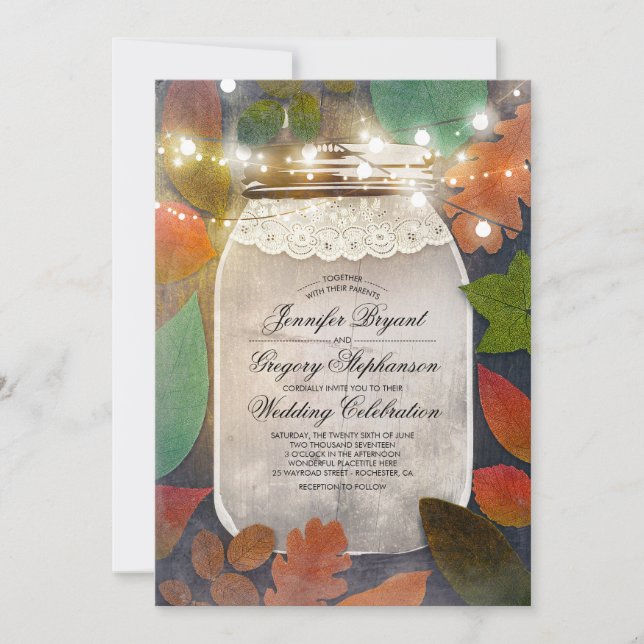 Rustic Fall Leaves Mason Jar String Lights Wedding Invitation (Front)
