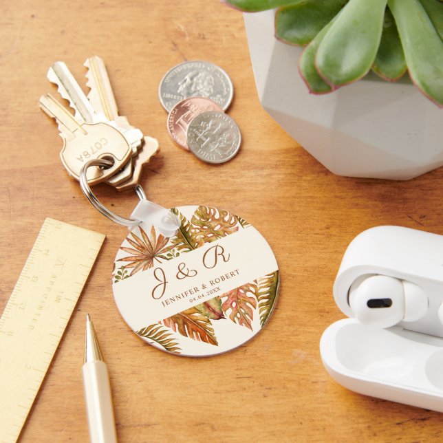 Rustic Fall Leaves Monogram Wedding Round Key Ring (Desk)