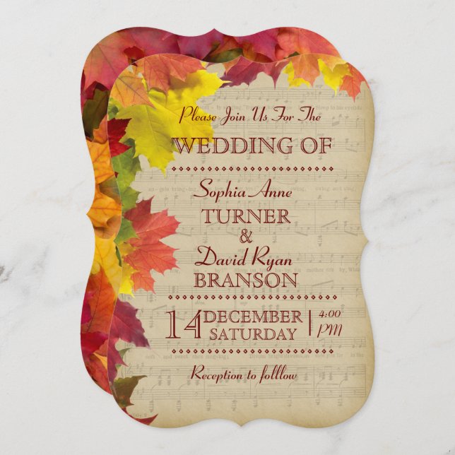 Rustic Fall Leaves Music Sheet Wedding Invitation (Front/Back)