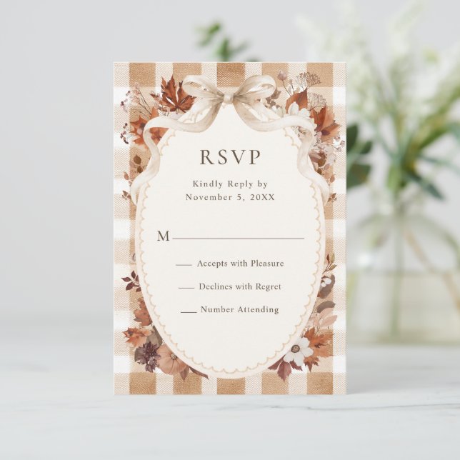 Rustic Fall Leaves Plaid Wedding RSVP Card (Standing Front)