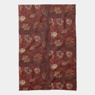 Rustic Fall Leaves Primitive Gingham Tile Burgundy Tea Towel
