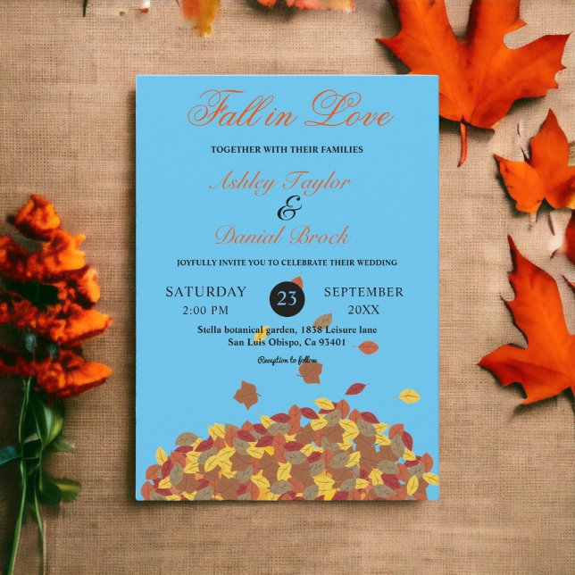 Rustic Fall Leaves Sky Blue Autumn Floral Wedding Invitation (Creator Uploaded)