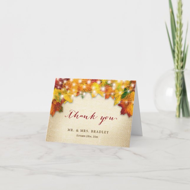 Rustic Fall Leaves String Lights Burlap Thank You (Front)