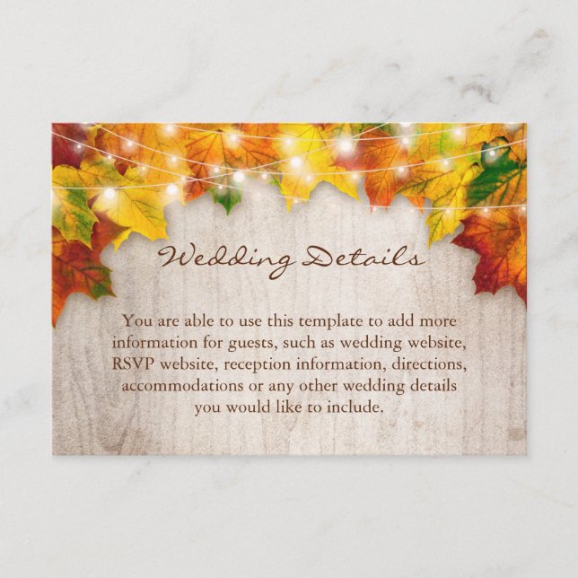 Rustic Fall Leaves String Lights Wedding Details Enclosure Card (Front)