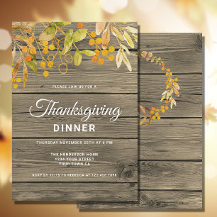 Rustic Fall Leaves Thanksgiving Dinner Invitation