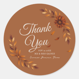 Rustic Fall Leaves Toffee Brown Wedding Thank You Classic Round Sticker