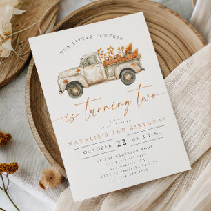 Rustic Fall Little Pumpkin Truck 2nd Birthday Invitation