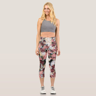 Rustic fall maple leaves rusty red pink brown capri leggings