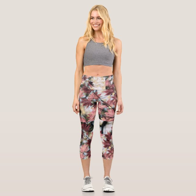 Rustic fall maple leaves rusty red pink brown capri leggings (Front)