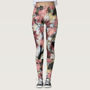 Rustic fall maple leaves rusty red pink brown leggings