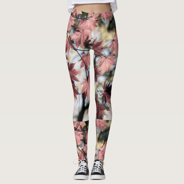 Rustic fall maple leaves rusty red pink brown leggings (Front)