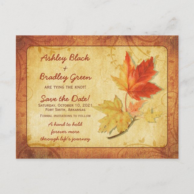 Rustic Fall Maple Leaves Wedding Save the Date Postcard (Front)