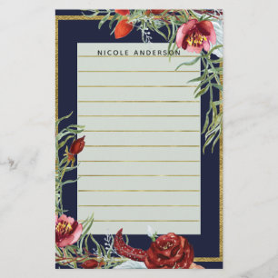 Rustic Fall Marsala Floral Navy Blue Modern Custom Stationery