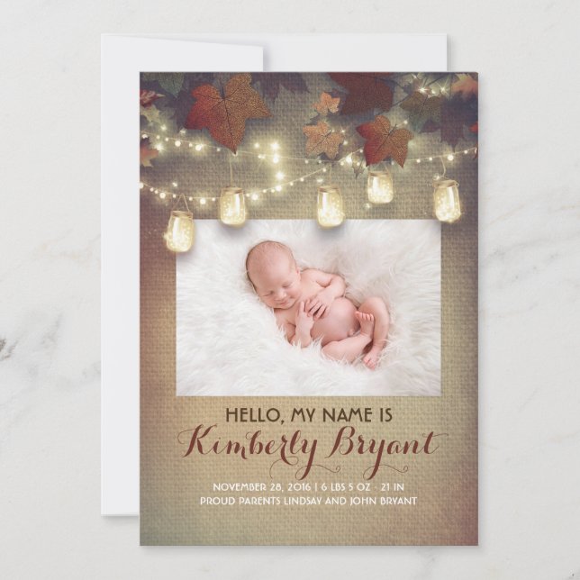Rustic Fall Mason Jar Lights Baby Photo Birth Announcement (Front)