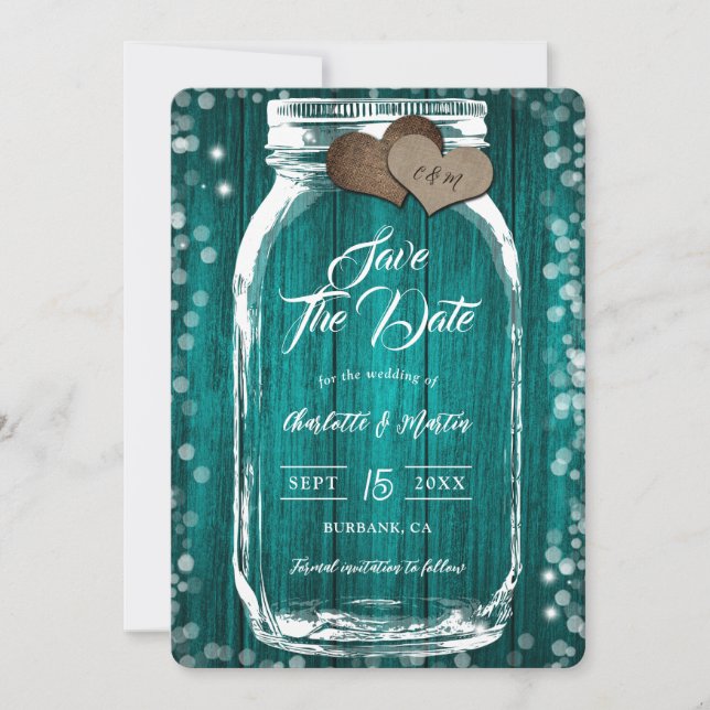 Rustic Fall Mason Jar Wood Teal Wedding Save The Date (Front)
