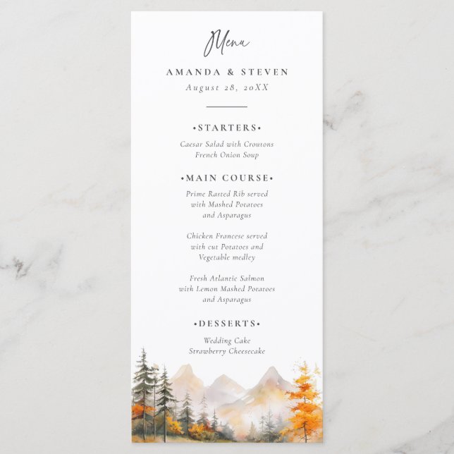 Rustic Fall Mountain Pine Forest Wedding Menu (Front)