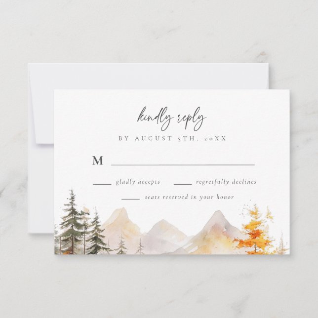 Rustic Fall Mountain Pine Forest Wedding RSVP Card (Front)