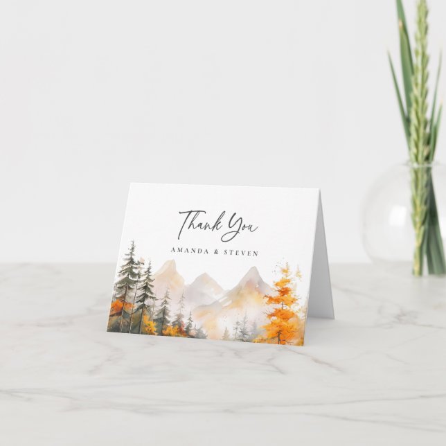 Rustic Fall Mountain Pine Forest Wedding Thank You Card (Front)
