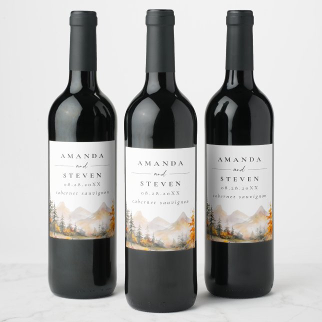 Rustic Fall Mountain Pine Forest Wedding Wine Label (Bottles)