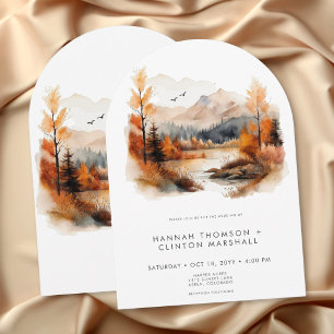 Rustic Fall Mountain Scene Watercolor Arch Wedding Invitation