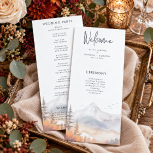 Rustic Fall Mountain Scene Watercolor Wedding Program