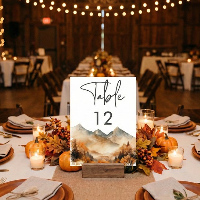 Rustic Fall Mountain Scene Watercolor Wedding Table Number (Creator Uploaded)