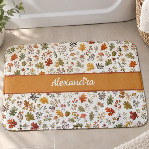 Rustic Fall Mushroom Leaves Woodland Monogram Name Bath Mat
