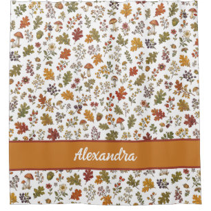 Rustic Fall Mushroom Leaves Woodland Monogram Name Shower Curtain
