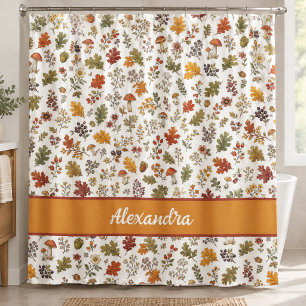Rustic Fall Mushroom Leaves Woodland Monogram Name Shower Curtain