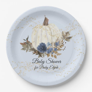 Rustic Fall Navy Blue Floral Pumpkin Baby Shower Paper Plate
