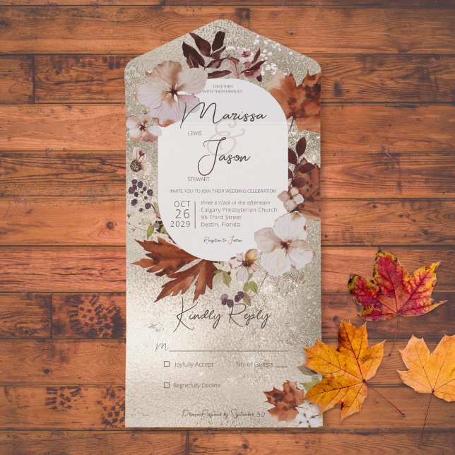 Rustic Fall Neutral Wreath Gold No Dinner All In One Invitation (Also available with a QR code or with dinner selection options.)