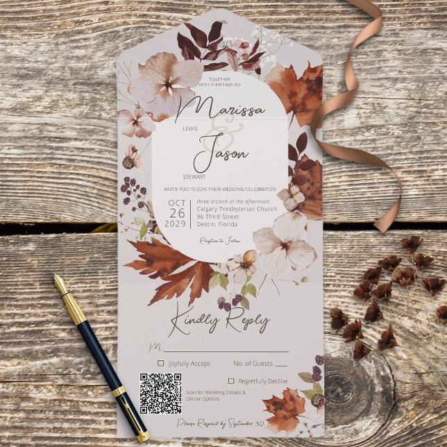 Rustic Fall Neutral Wreath Grey QR Code All In One Invitation (Also available without a QR code; with or without dinner selection options.)