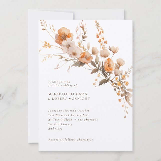 Rustic Fall Orange & Brown Floral Kraft Wedding Invitation (Front)