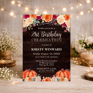 Rustic Fall Orange Pumpkin Floral 21st Birthday Invitation