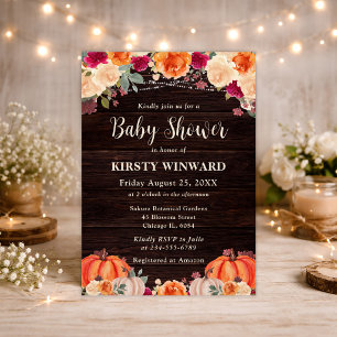 Rustic Fall Orange Pumpkin Floral Baby Shower Invitation