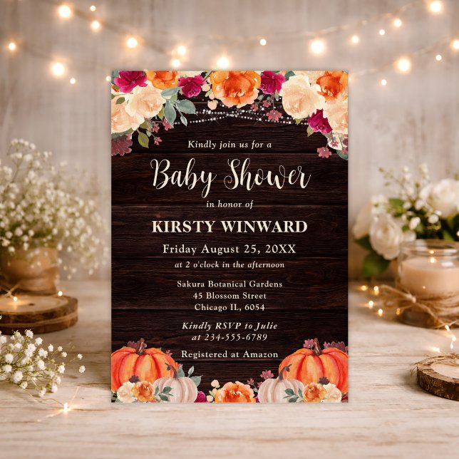 Rustic Fall Orange Pumpkin Floral Baby Shower Invitation (Creator Uploaded)