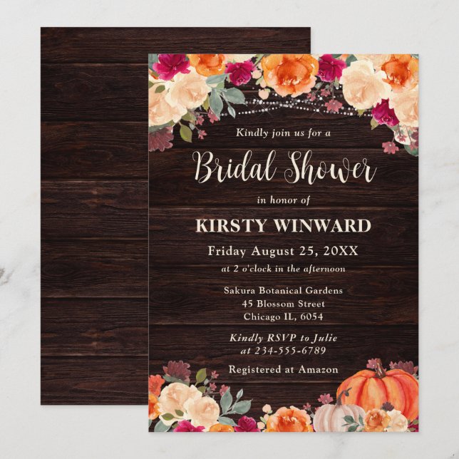 Rustic Fall Orange Pumpkin Floral Bridal Shower Invitation (Front/Back)