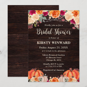 Rustic Fall Orange Pumpkin Floral Bridal Shower Invitation