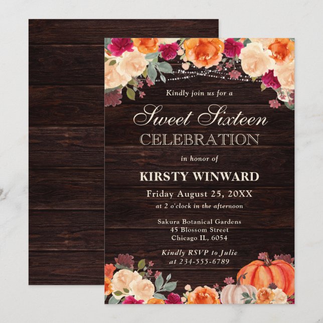 Rustic Fall Orange Pumpkin Floral Sweet Sixteen Invitation (Front/Back)