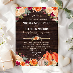 Rustic Fall Orange Pumpkin Floral Wedding Invitation